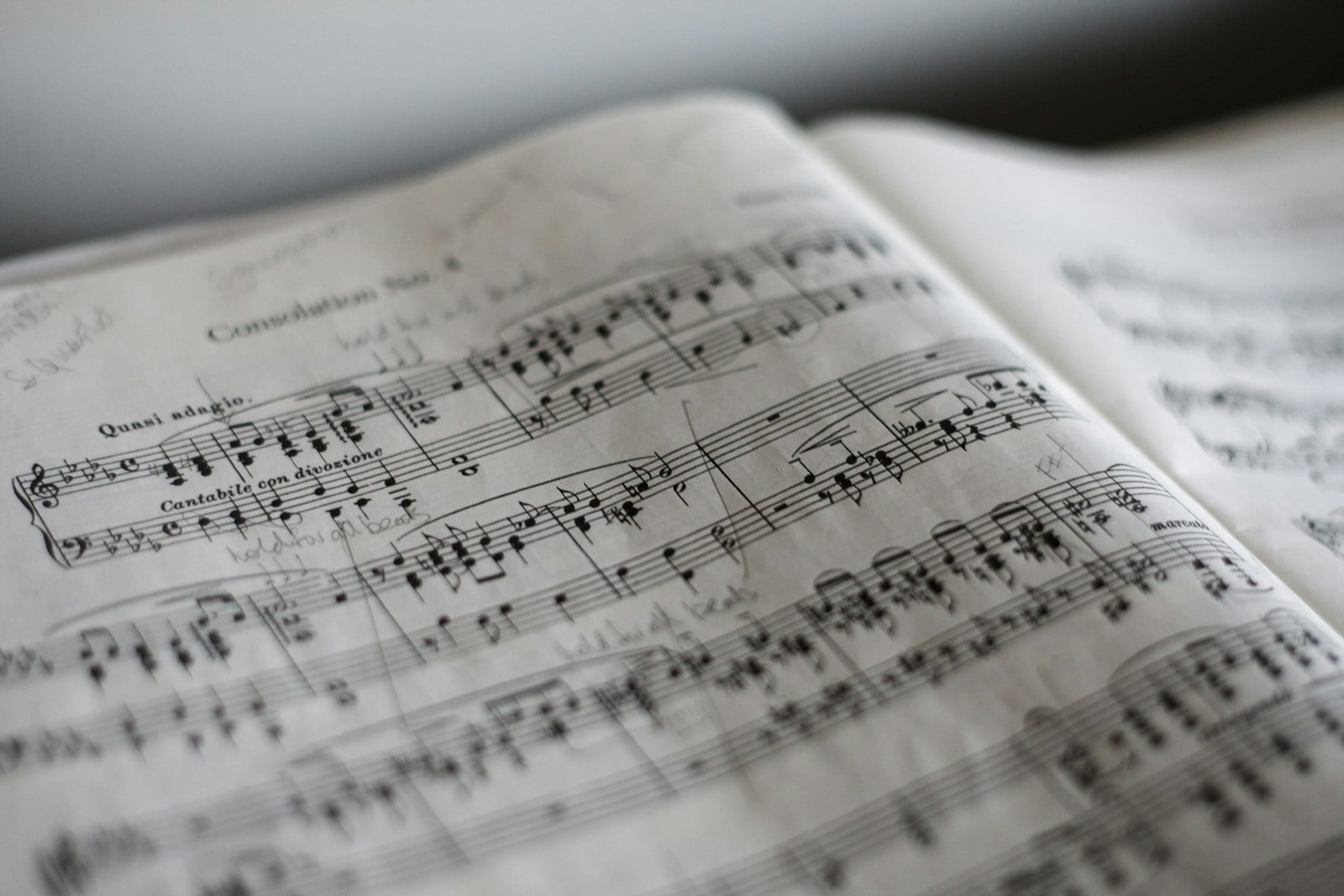 Close-up of a piano music score with handwritten annotations on the staff